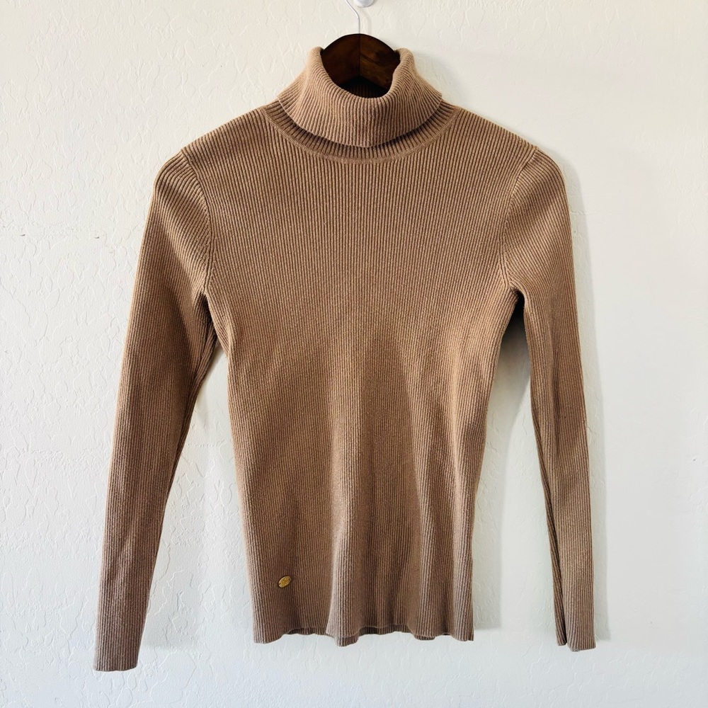 Lauren Ralph Lauren Camel‎ Ribbed Turtleneck Sweater Size M Tan Neutral Fitted